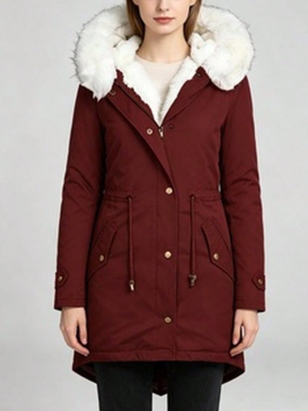 Burgundy Casual Women's Zip Hooded Parka